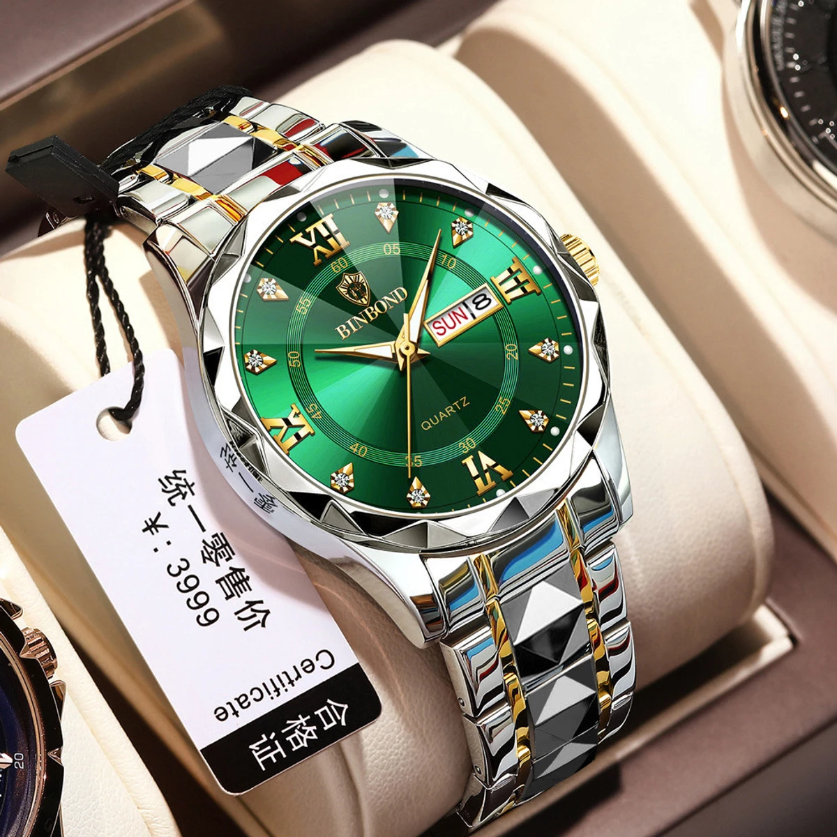 Luxury Binbond authentic men's watch waterproof night light dual calendar watch men's quartz watch diamond ceiling glass- Green