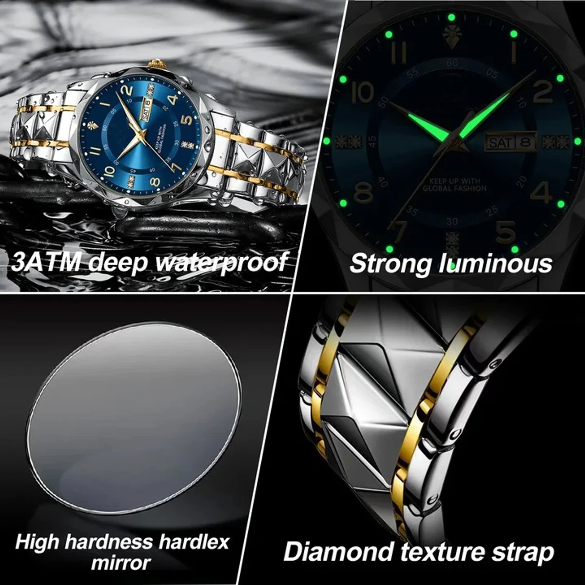 BINBOND Top Brand Luxury Man Wristwatch Waterproof Luminous Date Week Men Watches Stainless Steel Quartz Men's Watch Male - Black & Golden