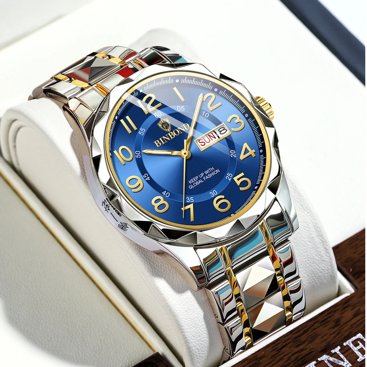 BINBOND Top Brand Luxury Man Wristwatch Waterproof Luminous Date Week Men Watches Stainless Steel Quartz Men's Watch Male - Blue