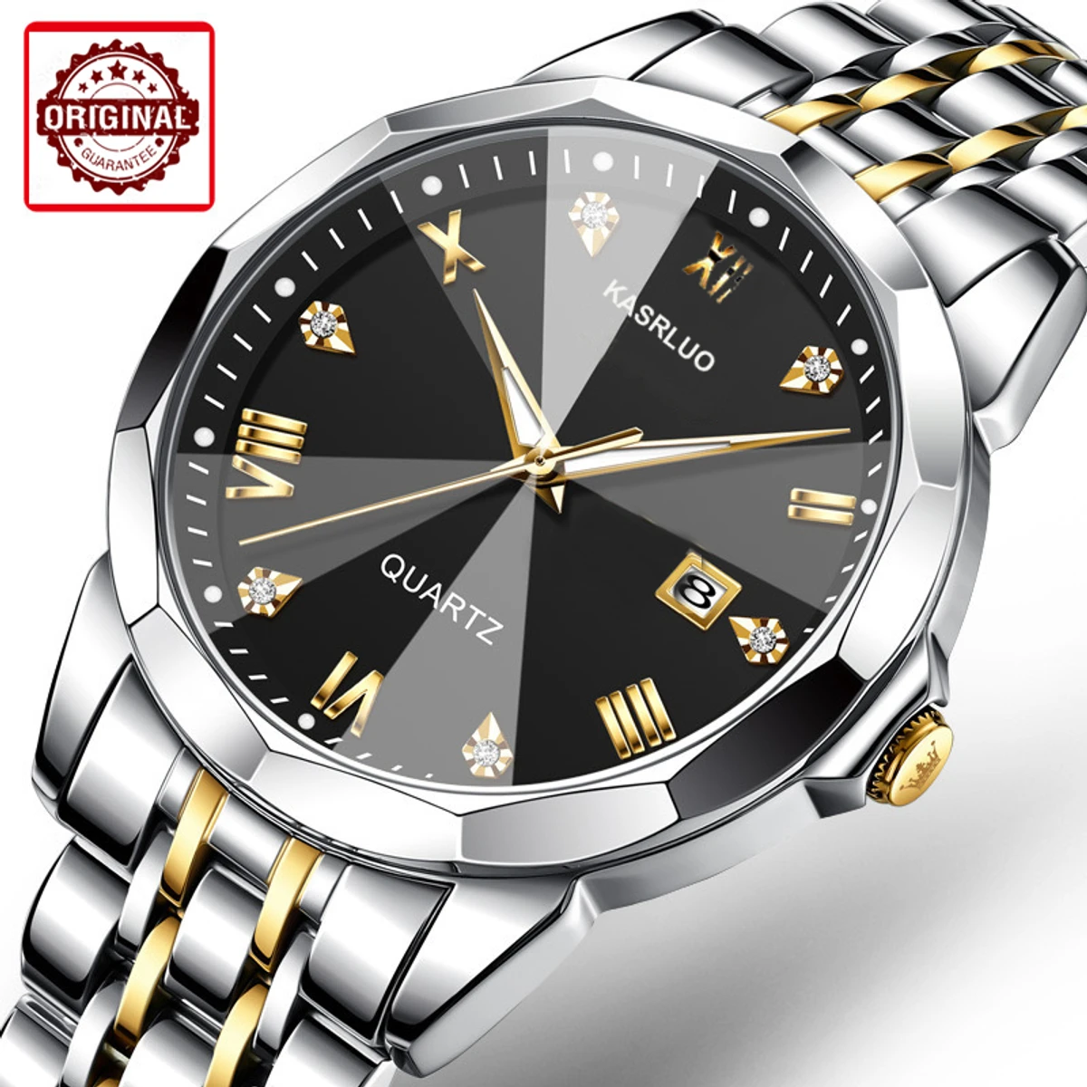 KASRLUO Day Quartz Watch for Men Stainless Steel Waterproof Luminous Date Mens Watches Top Brand Luxury Clock- Silver & Black