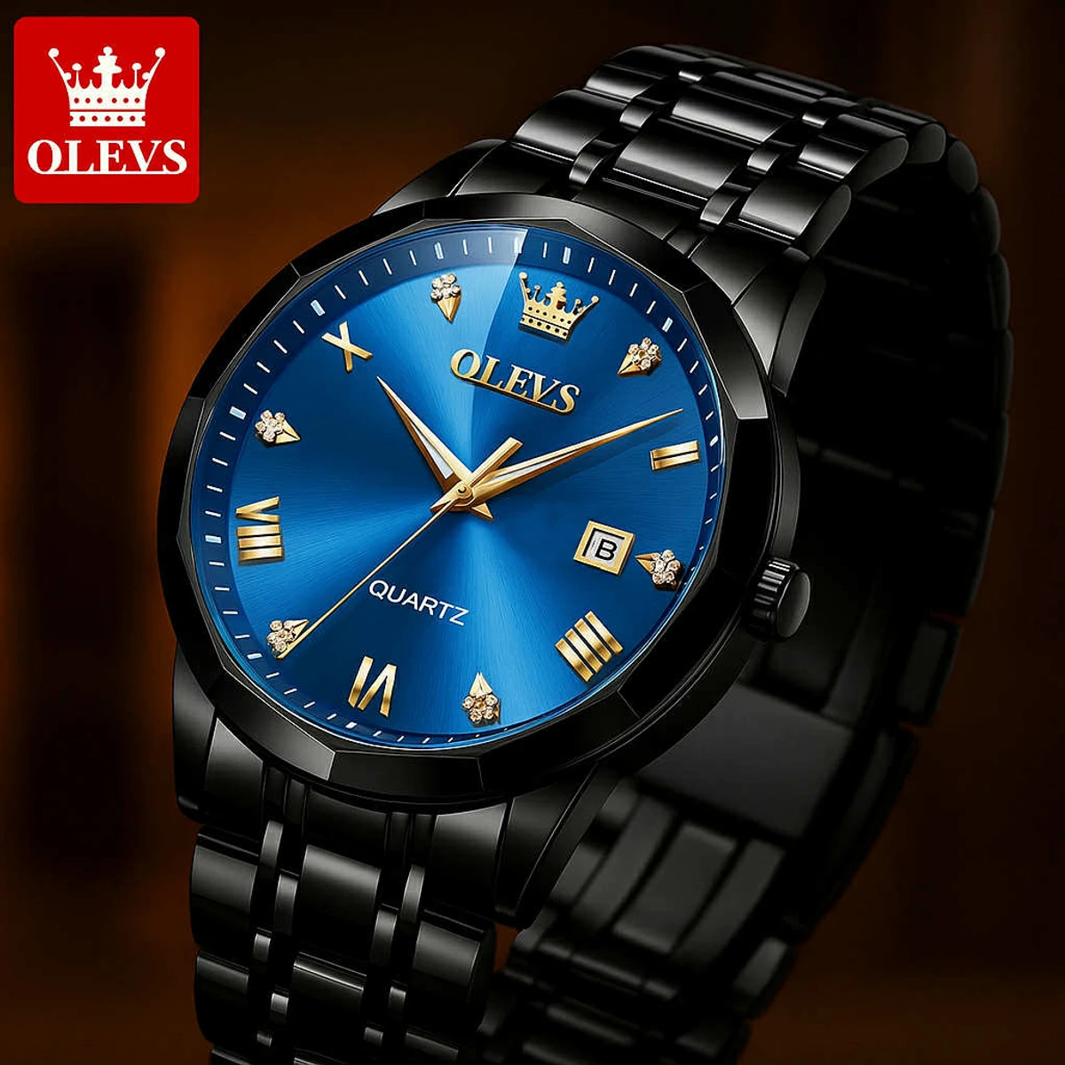 OLEVS 9931 Day Quartz Watch For Men Rhombus Mirror Stainless Steel Waterproof Date Clock Simplicity Luxury Men's Wristwatch- Black & Blue