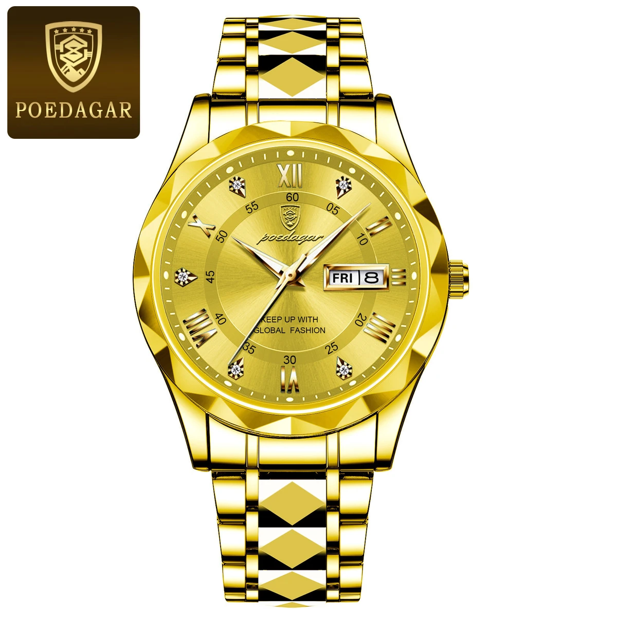 POEDAGAR Brand Fashion Mens Watch Luxury Top Business Stainless Steel Waterproof Wristwatches Male Sport Luminous Date Man Clock- Gloden