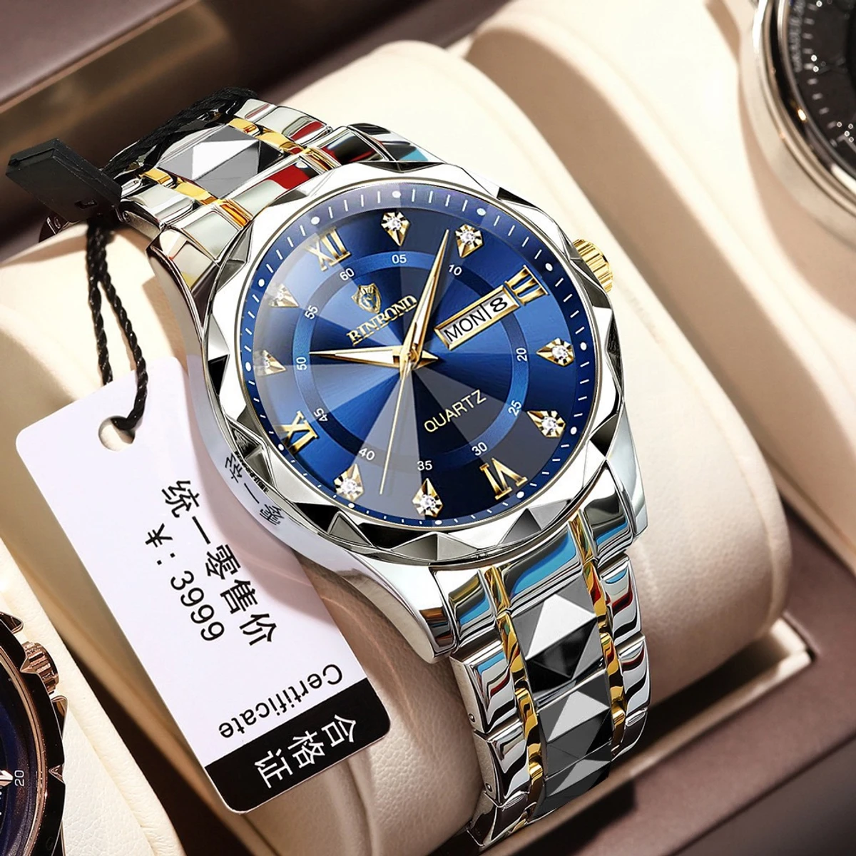 Luxury Binbond authentic men's watch waterproof night light dual calendar watch men's quartz watch diamond ceiling glass- Blue