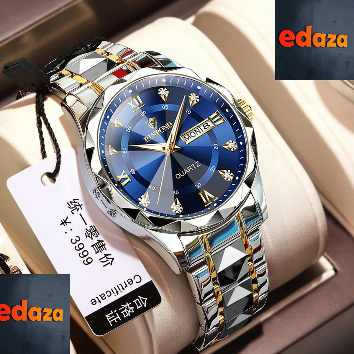 Luxury Binbond authentic men's watch waterproof night light dual calendar watch men's quartz watch diamond ceiling glass- Blue