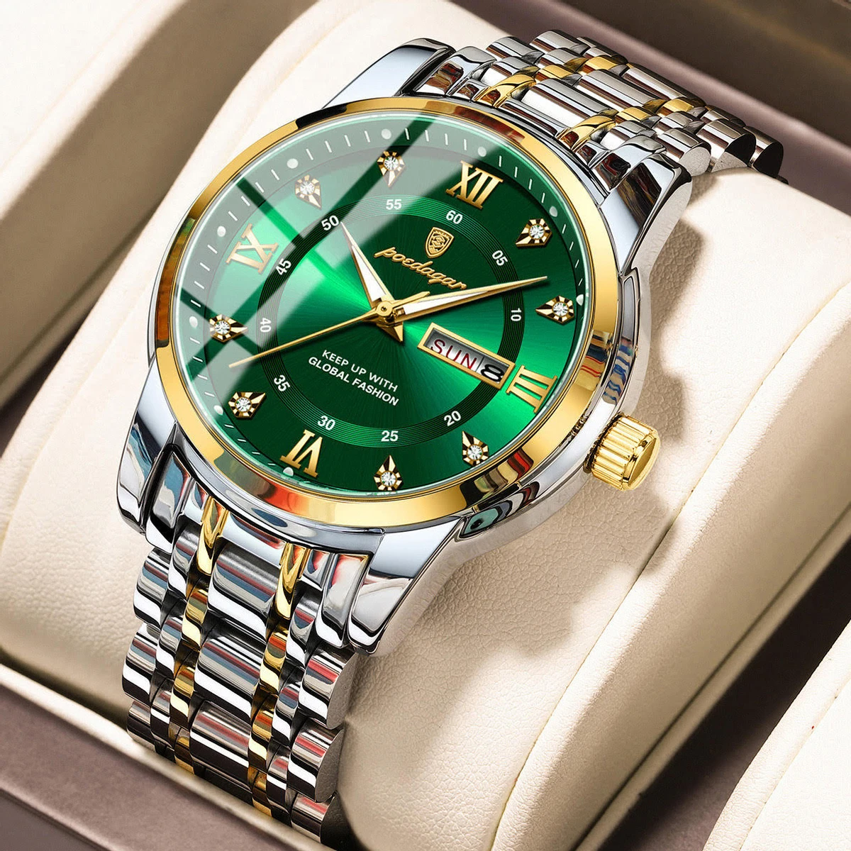 POEDAGAR Luxury Watch for Man Elegant Date Week Waterproof Luminous Men Watch Quartz Stainless Steel Sports Men's Watches- Green