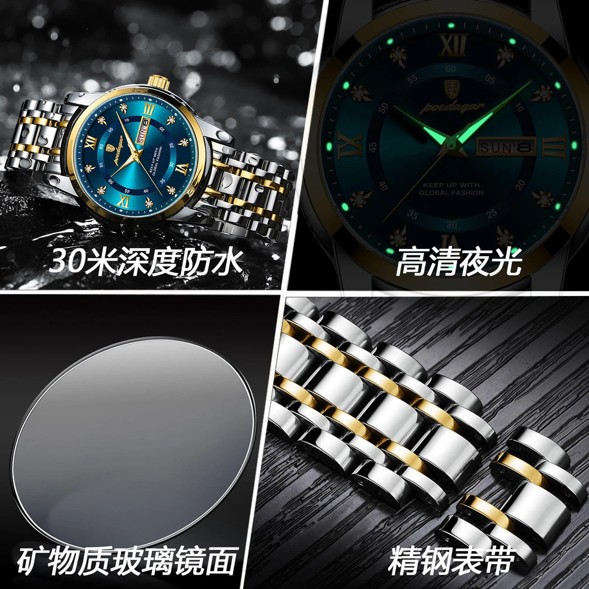 POEDAGAR Luxury Watch for Man Elegant Date Week Waterproof Luminous Men Watch Quartz Stainless Steel Sports Men's Watches- Silver & Golden