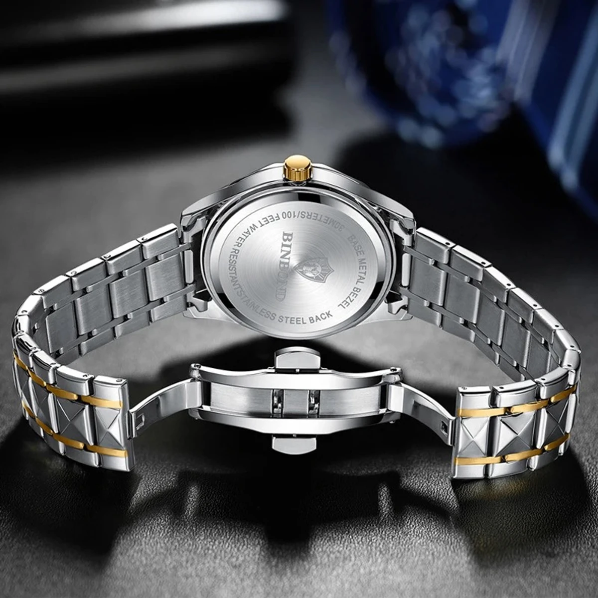 Luxury Binbond authentic men's watch waterproof night light dual calendar watch men's quartz watch diamond ceiling glass- Black & Golden
