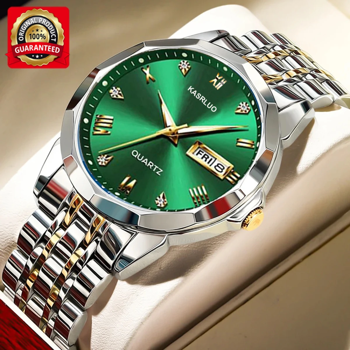 KASRLUO New Fashion Quartz Watch for Men Stainless Steel Waterproof Luminous Date Mens Watches Top Brand Luxury Clock- Green