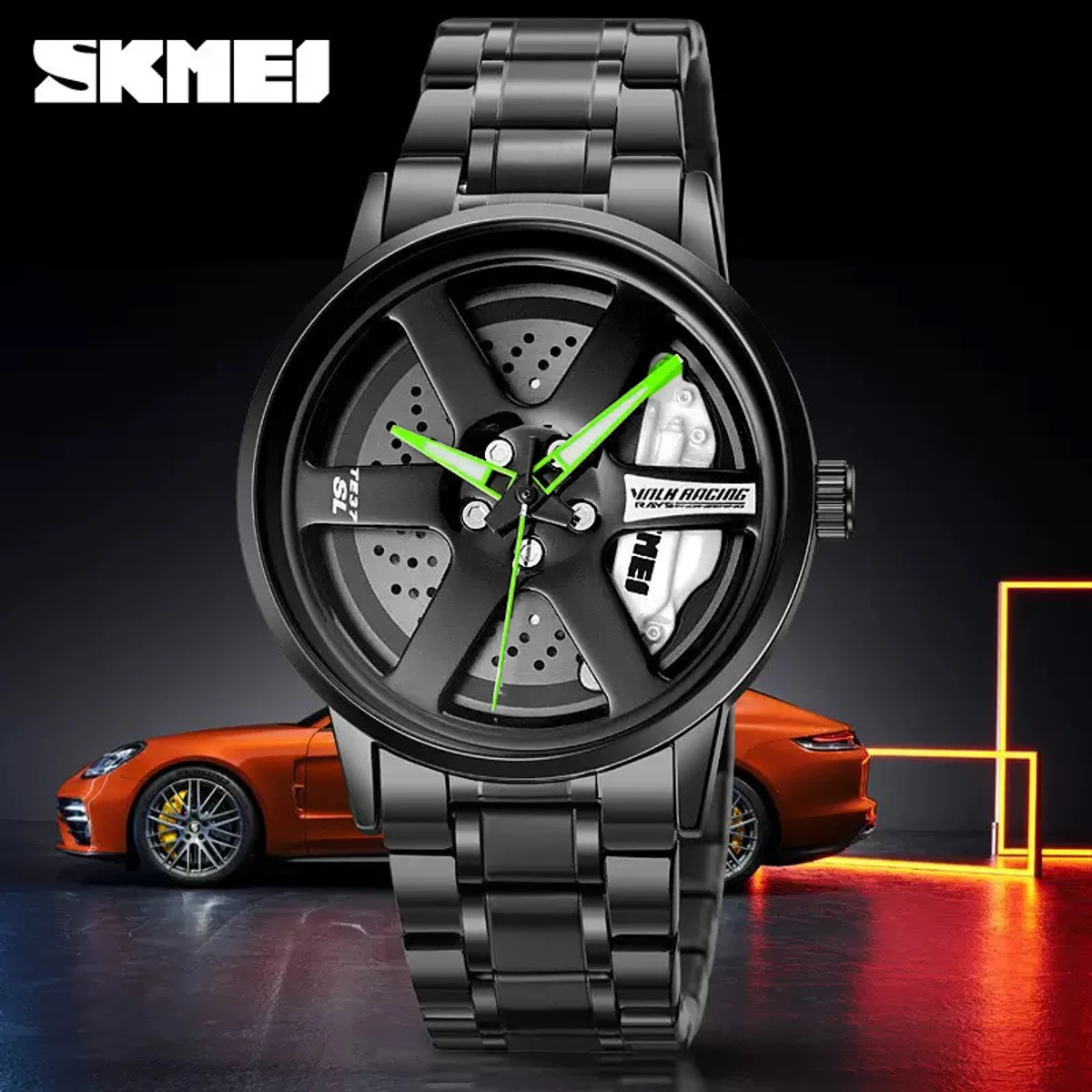 New 3D Real Man Waterproof Rotate Quartz Watches Super Car Rim Spinning Men's Sports 360 Wheel Wristwatch For Men Clock- Silver & Black