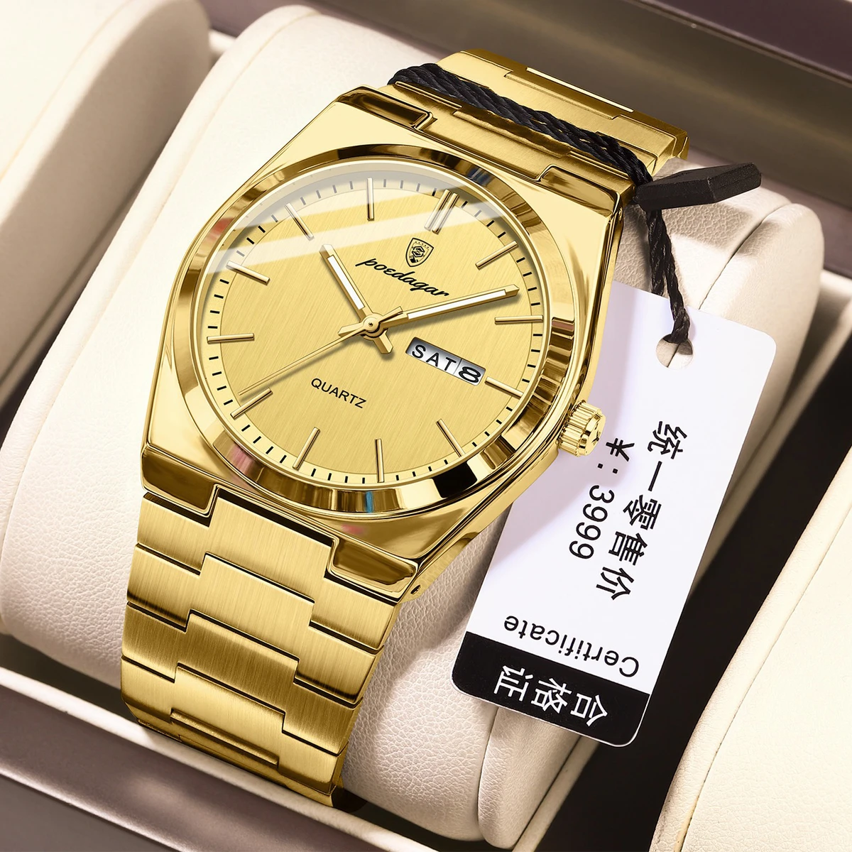 POEDAGAR 930 Business Waterproof Luminous Steel Square Quartz Men Watch- Golden
