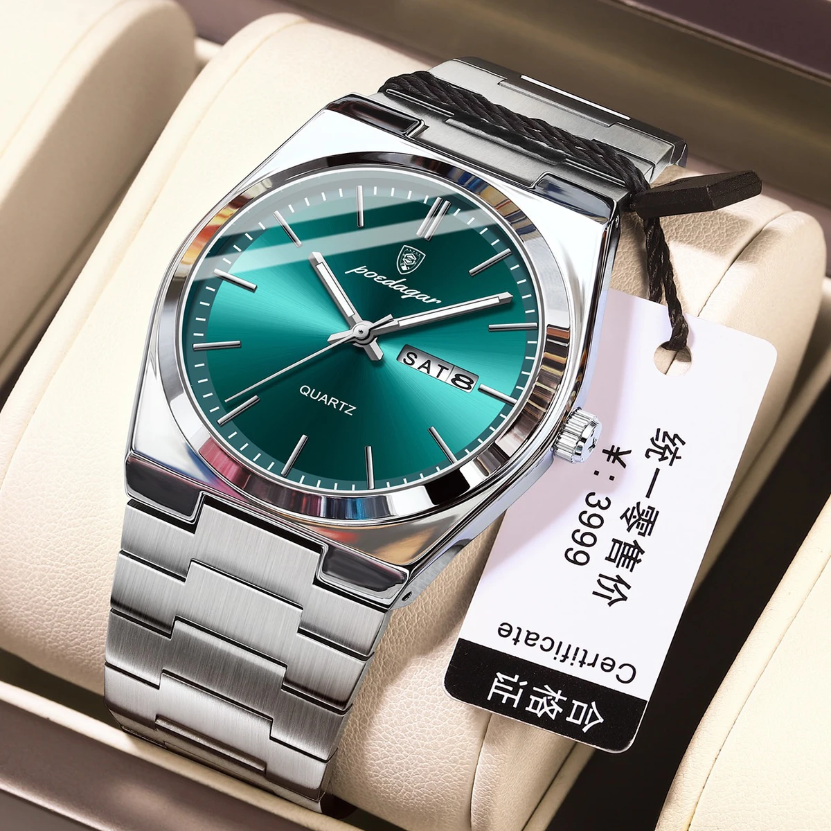 POEDAGAR 930 Business Waterproof Luminous Steel Square Quartz Men Watch- Green