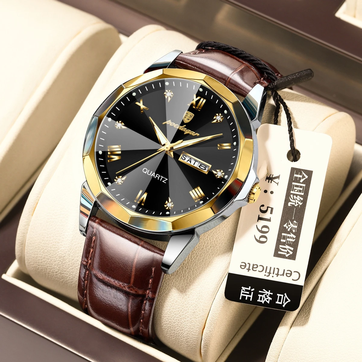 POEDAGAR 810 Luxury Man Wristwatch High Quality Quartz Sports Business Men Watch Waterproof Luminous Date Week Leather Men's Watches- Golden & Black