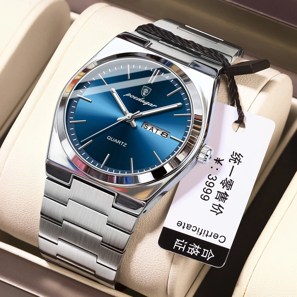 POEDAGAR 930 Business Waterproof Luminous Steel Square Quartz Men Watch- Blue