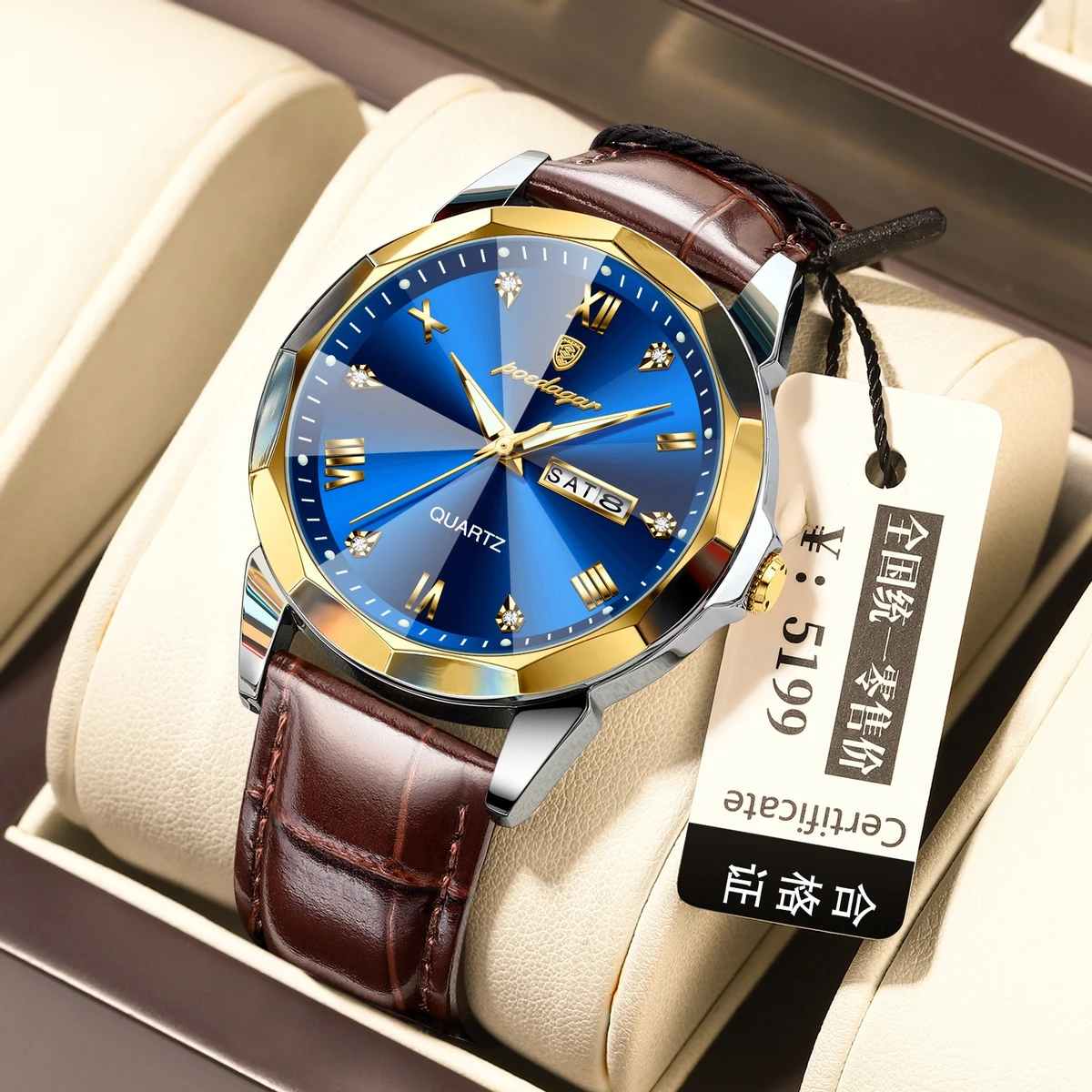 POEDAGAR 810 Luxury Man Wristwatch High Quality Quartz Sports Business Men Watch Waterproof Luminous Date Week Leather Men's Watches- Blue & Golden