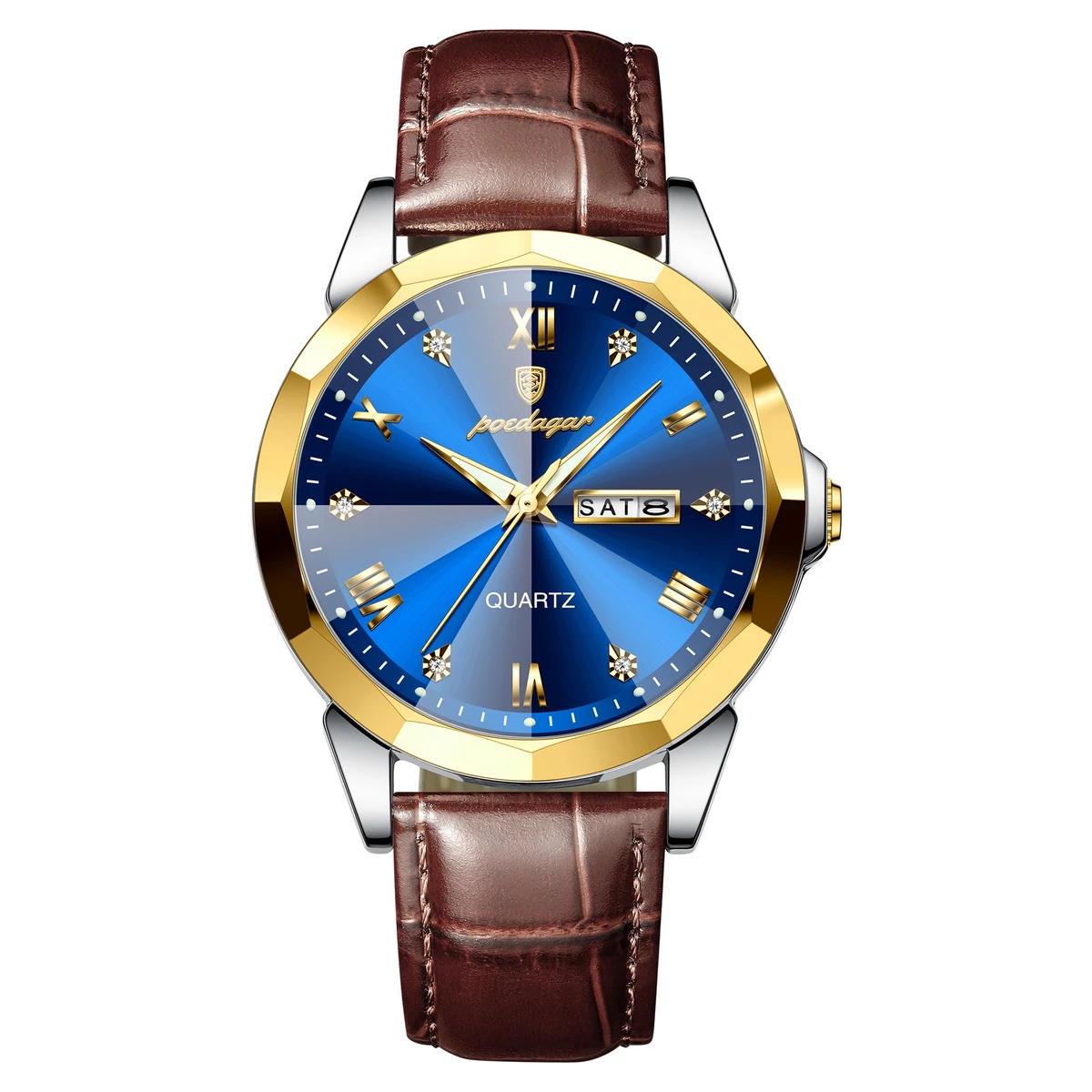 POEDAGAR 810 Luxury Man Wristwatch High Quality Quartz Sports Business Men Watch Waterproof Luminous Date Week Leather Men's Watches- Blue & Golden