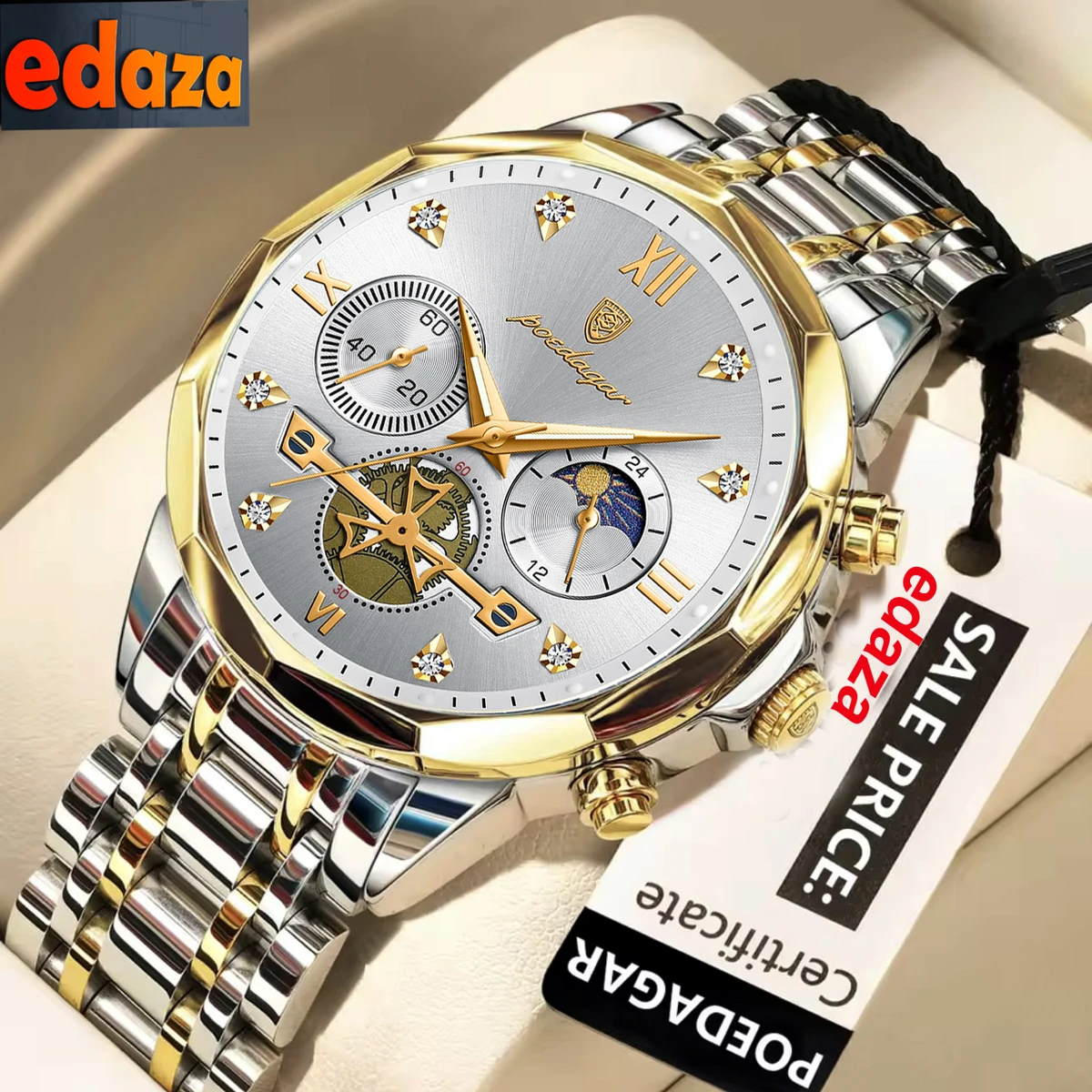 Poedagar con New Luxury Watch For Men Stainless Steel Waterproof Business Sport Wristwatches- Silver & Golden