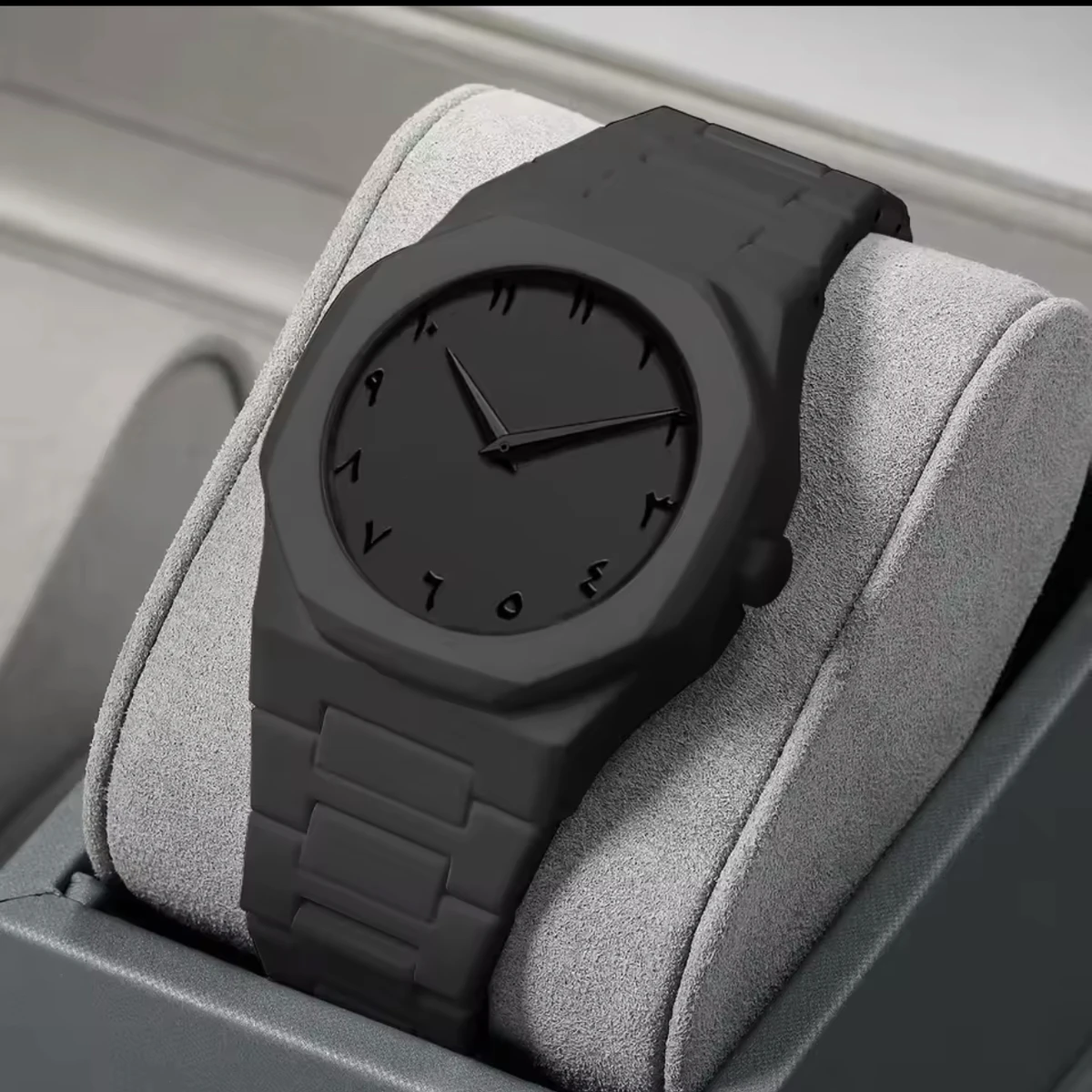 Arabic Digital Plastic Carbon Fiber body Strap Quartz Men's Watch Casual Waterproof - Black