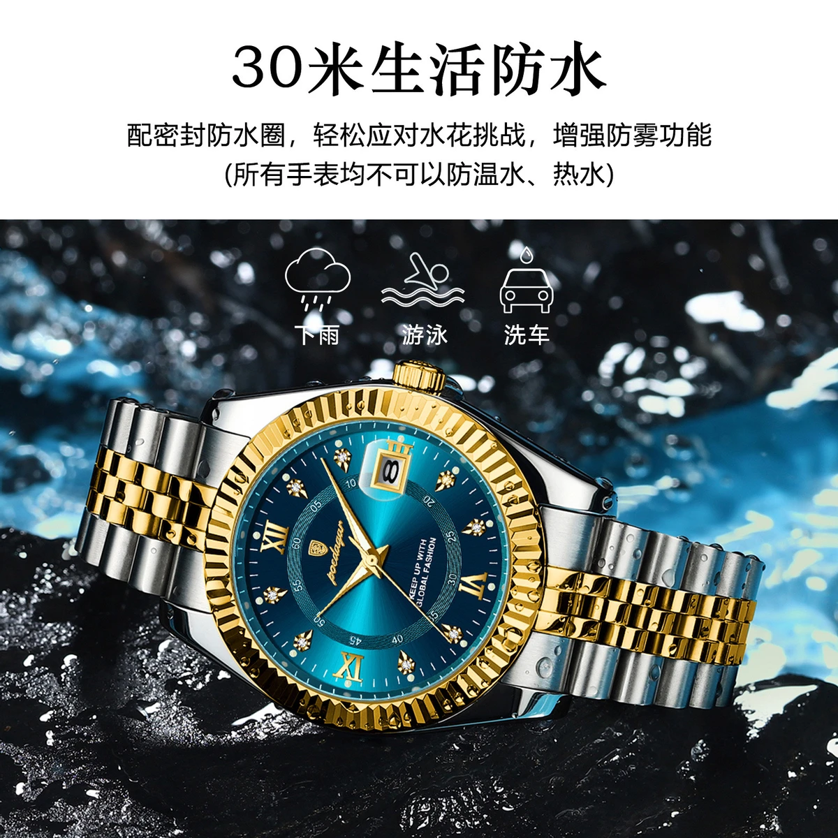 POEDAGAR 910 Luxury Style Men's Watches Trend Fashion Wristwatch Original Quartz Watch for Man- Blue & Golden