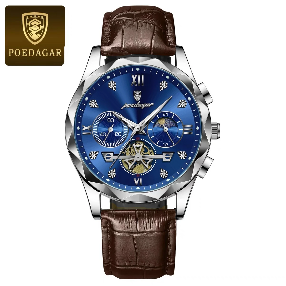 POEDAGAR Con belt Luxury Watch for Men Leather Man Wristwatch Quartz- Blue & Silver