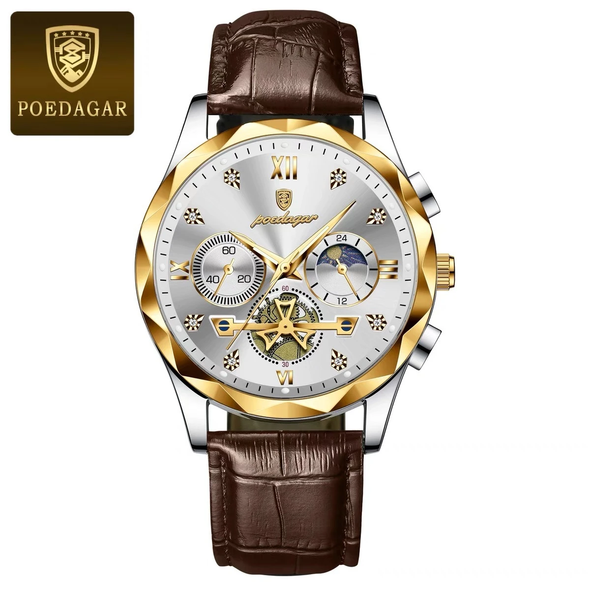 POEDAGAR Con belt Luxury Watch for Men Leather Man Wristwatch Quartz- Silver