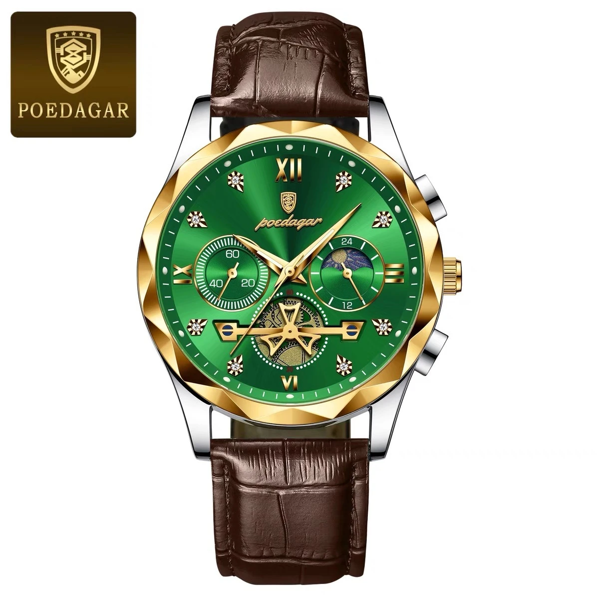 POEDAGAR Con belt Luxury Watch for Men Leather Man Wristwatch Quartz- Green