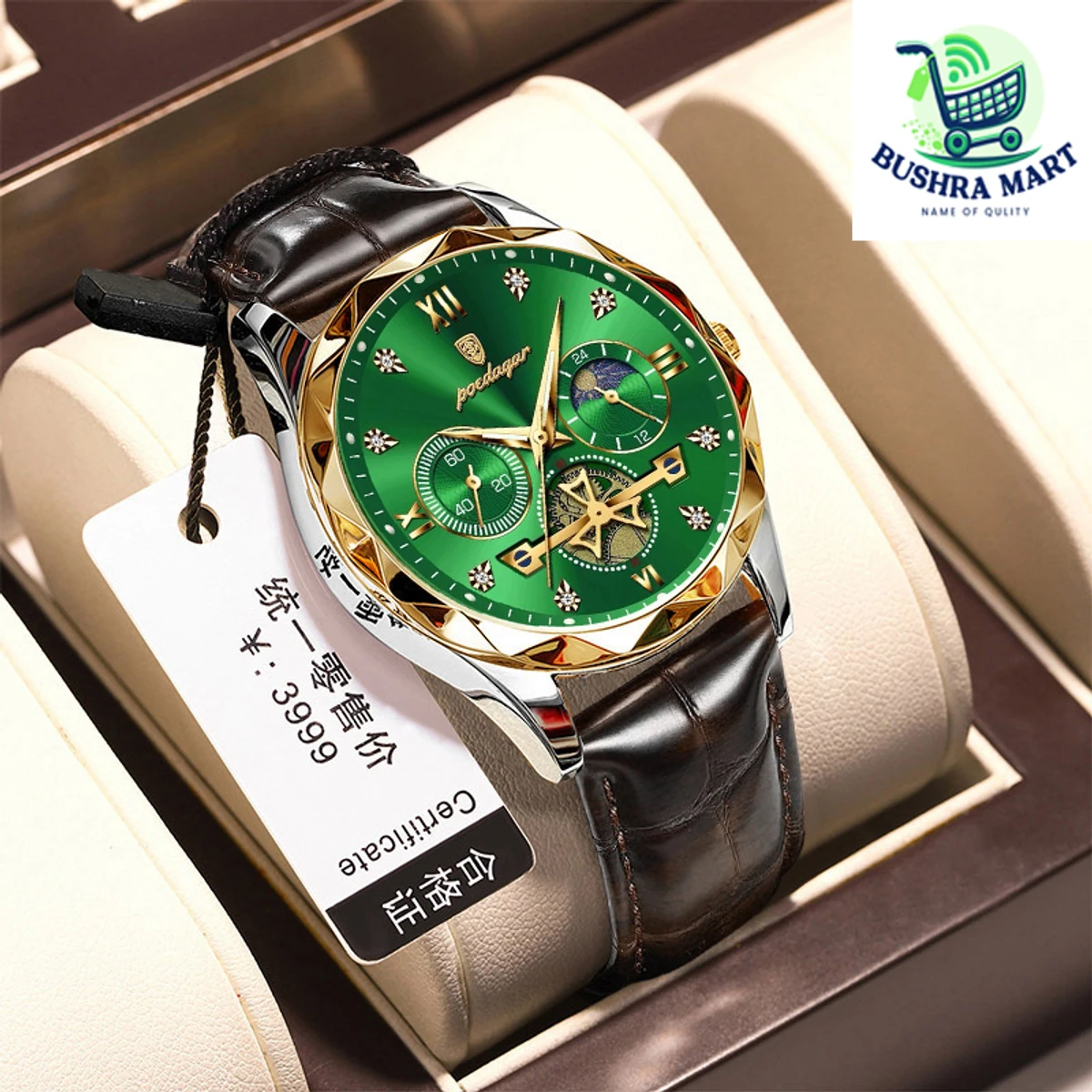 POEDAGAR Con belt Luxury Watch for Men Leather Man Wristwatch Quartz- Green