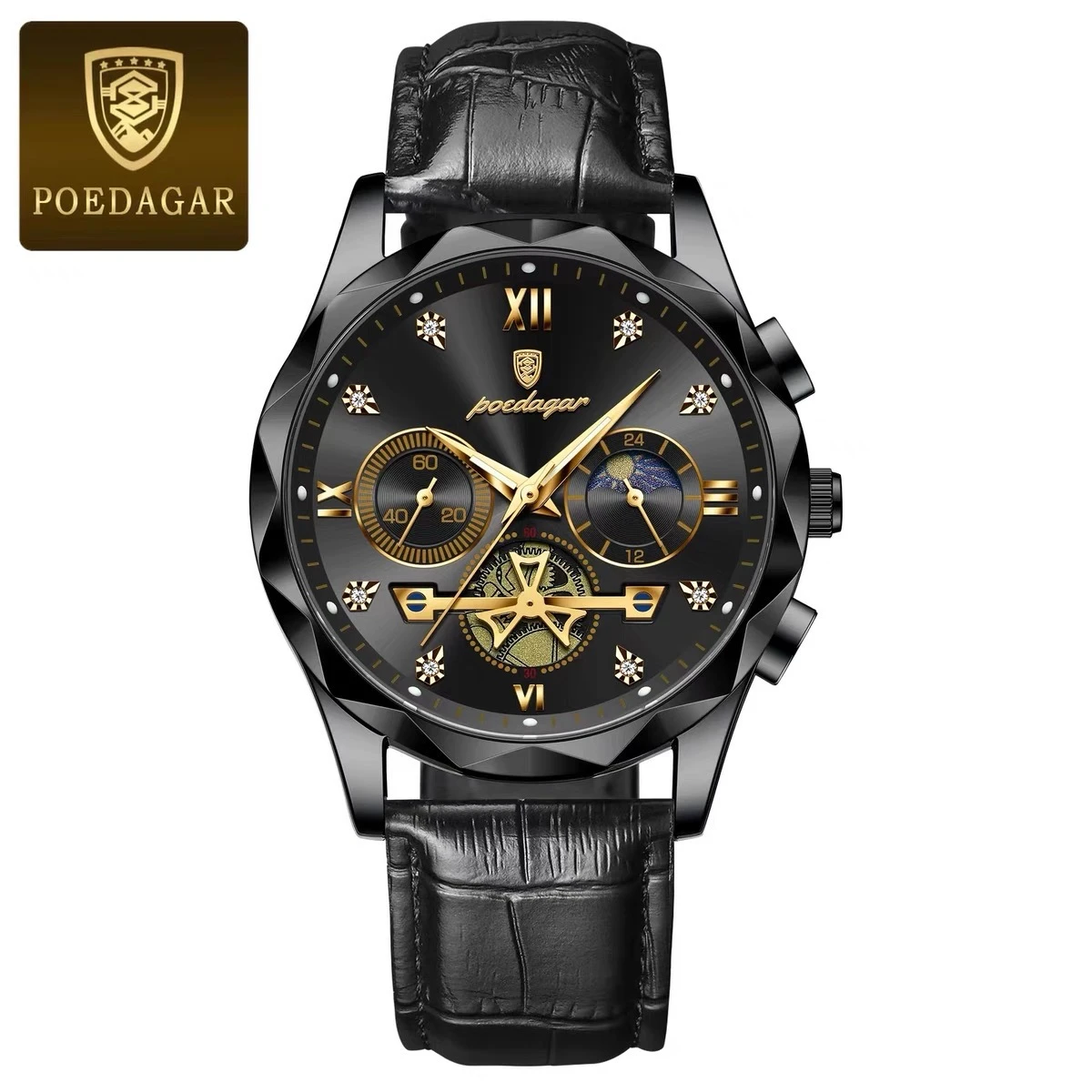 POEDAGAR Con belt Luxury Watch for Men Leather Man Wristwatch Quartz- Black