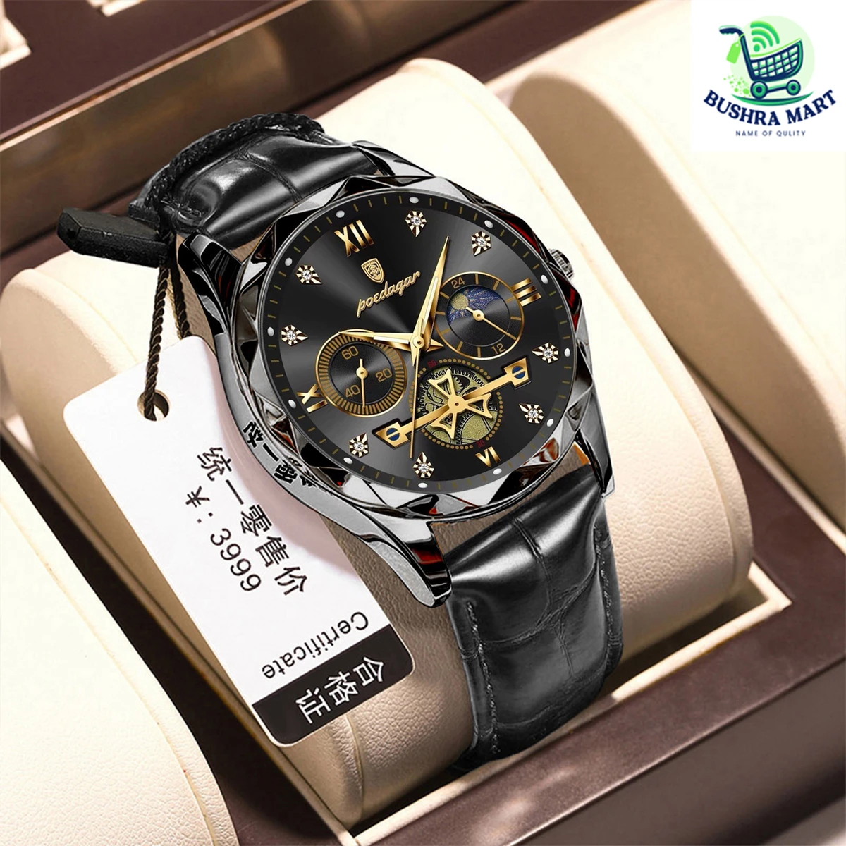 POEDAGAR Con belt Luxury Watch for Men Leather Man Wristwatch Quartz- Black