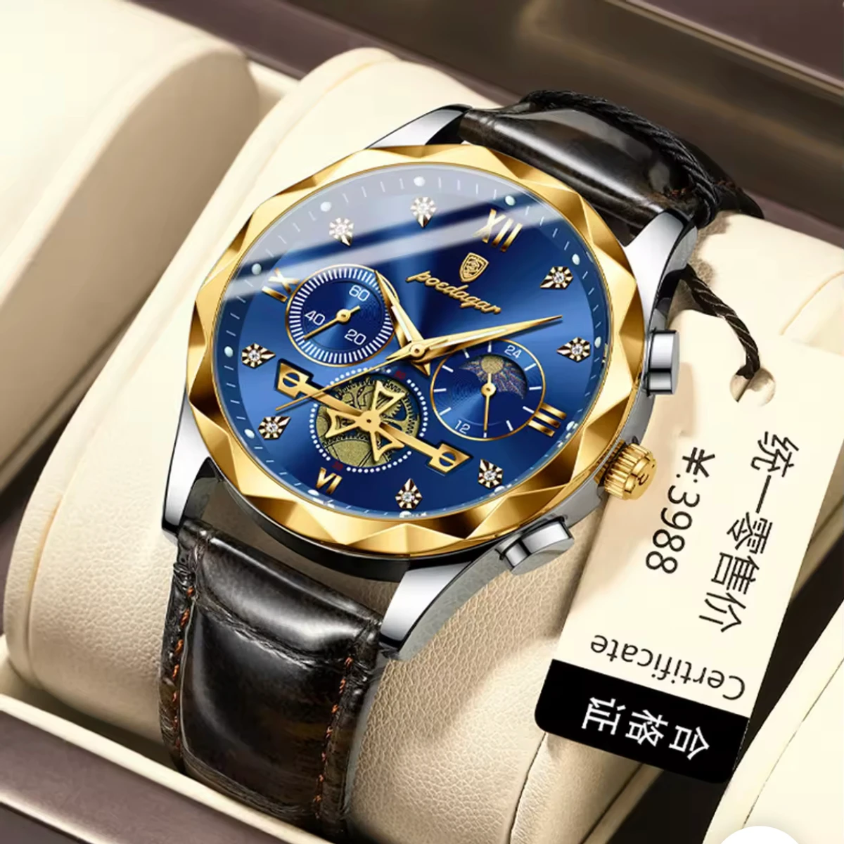 POEDAGAR Con belt Luxury Watch for Men Leather Man Wristwatch Quartz- Blue & Golden