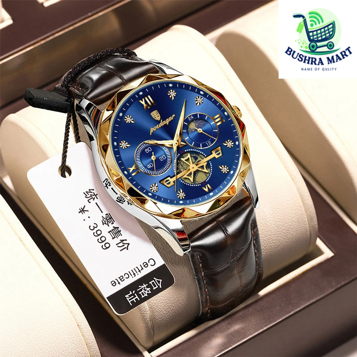 POEDAGAR Con belt Luxury Watch for Men Leather Man Wristwatch Quartz- Blue & Golden