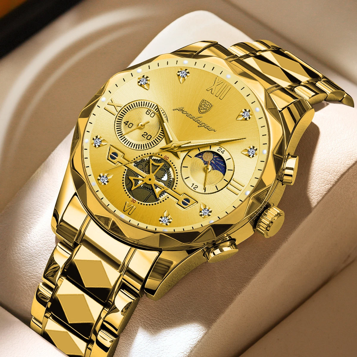 Poedagar con New Luxury Watch For Men Stainless Steel Waterproof Business Sport Wristwatches- Golden