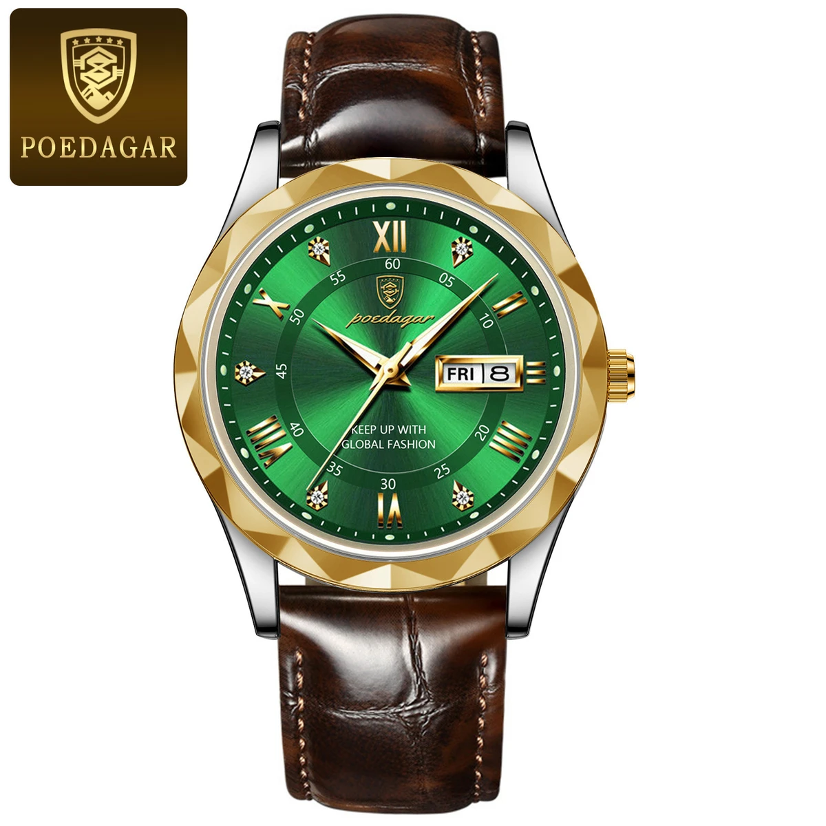 POEDAGAR Number New Fashion Blue Quartz Watch for Men High Quality Leather Waterproof Luminous Date Week Mens Watches Top Brand Luxury- Green
