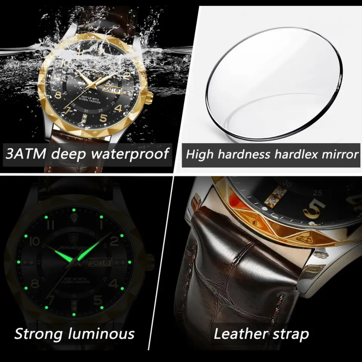 POEDAGAR Number New Fashion Blue Quartz Watch for Men High Quality Leather Waterproof Luminous Date Week Mens Watches Top Brand Luxury- Black & Golden