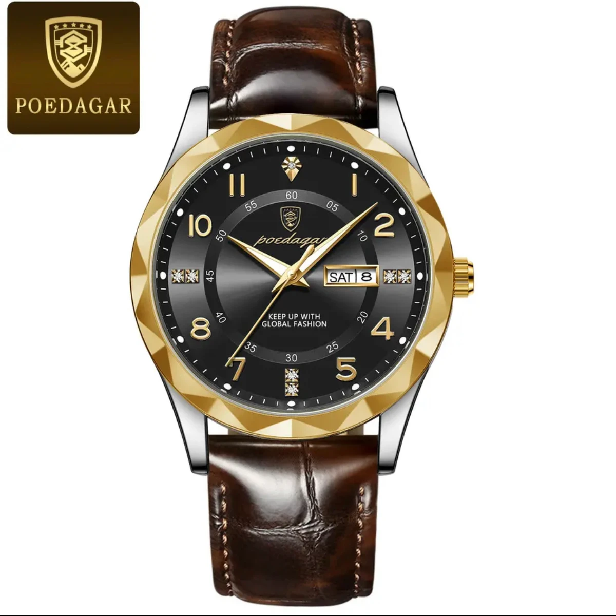 POEDAGAR Number New Fashion Blue Quartz Watch for Men High Quality Leather Waterproof Luminous Date Week Mens Watches Top Brand Luxury- Black & Golden