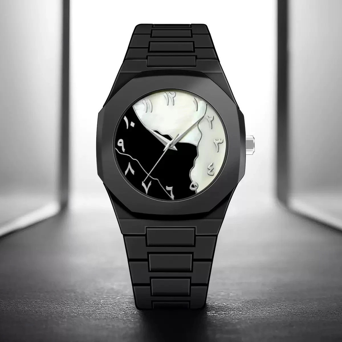 Arabic Digital Plastic Carbon Fiber body Strap Quartz Men's Watch Casual Waterproof - Black & Silver
