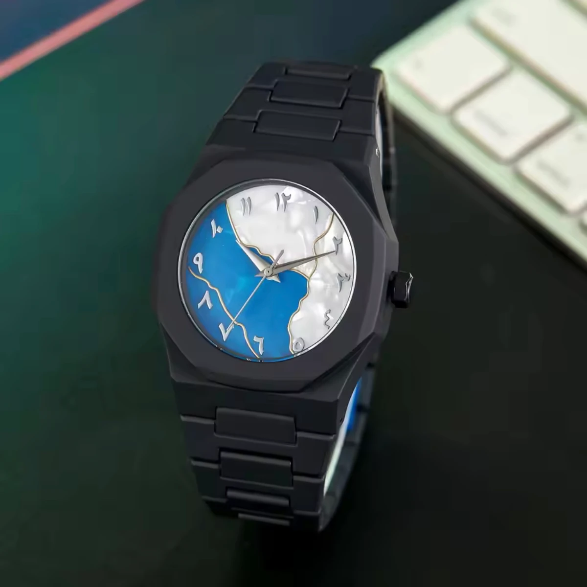 Arabic Digital Plastic Carbon Fiber body Strap Quartz Men's Watch Casual Waterproof - Black & Blue