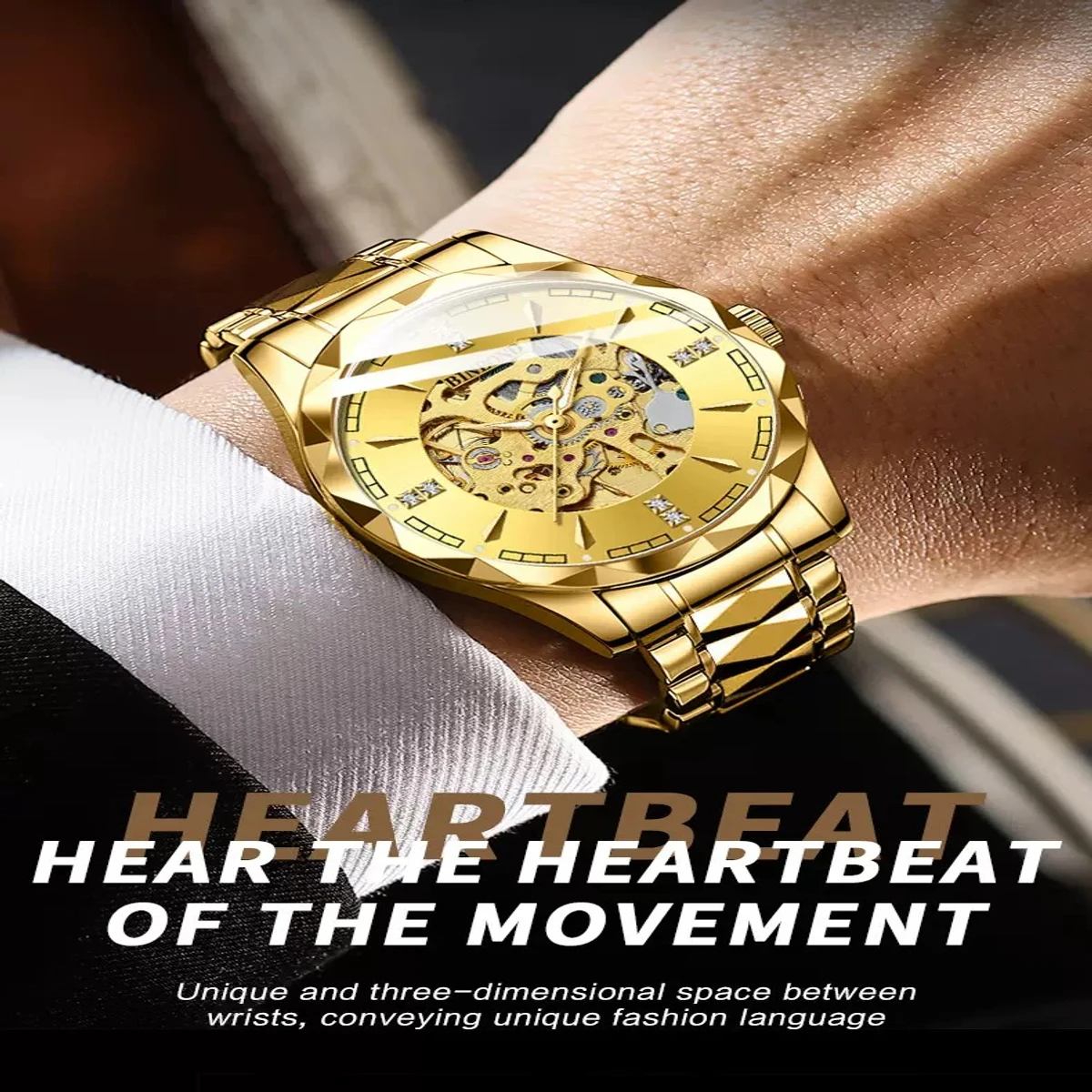 New Binbond J5059 Luxury Watch For Men Stainless Steel Waterproof Business Sport Wristwatches- Golden