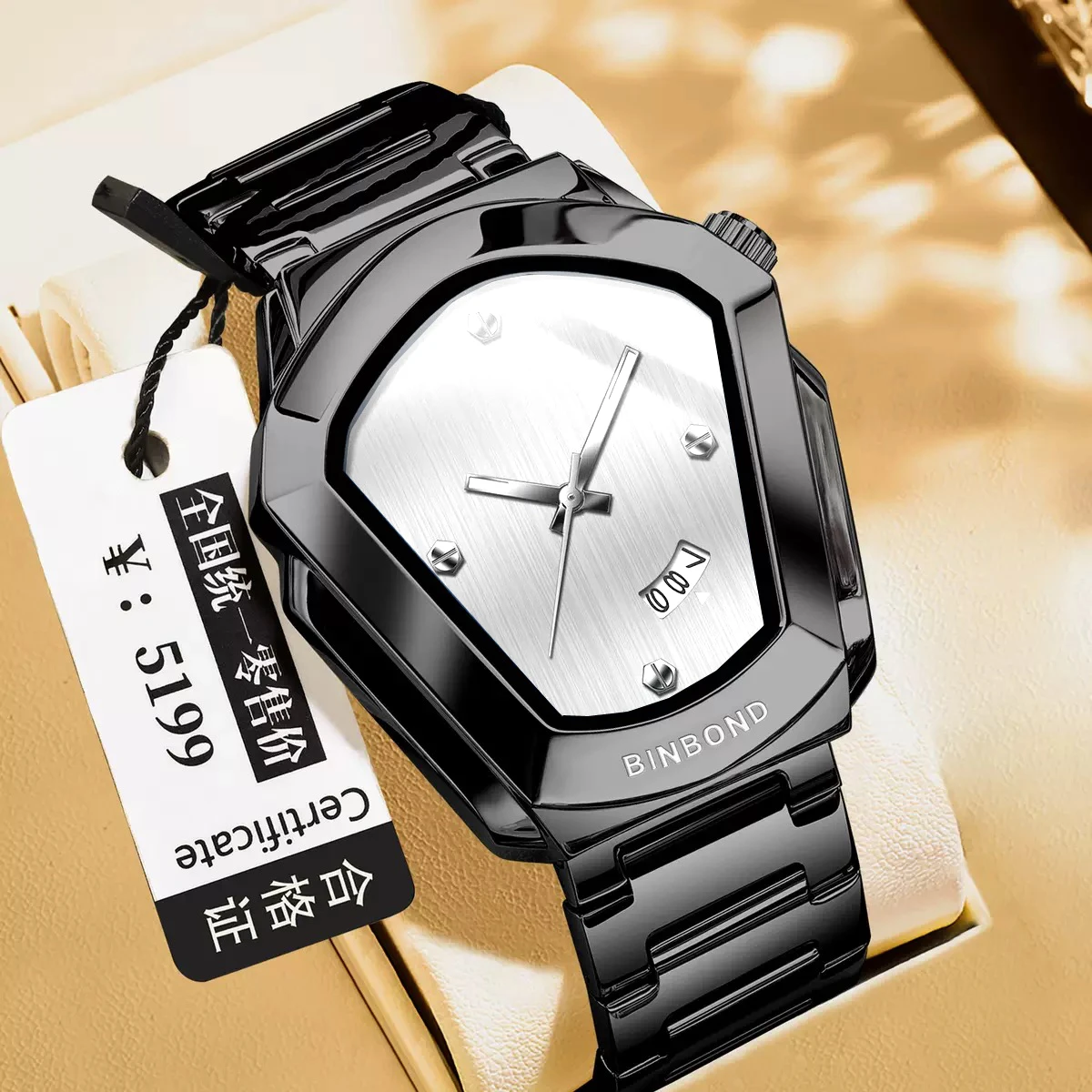Binbond W00118 Diamond Shaped Men Business Trend High-quality Steel Strip Waterproof Male Fashion Quartz Clock Couple Watches Gift- Black & silver