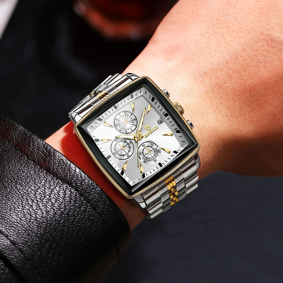 BINBOND W0094 Luxury Business Man Wristwatch Non active Chronograph Waterproof Luminous Calendar Watch For Men Square Quartz Men's Watches Reloj- Silver & Golden