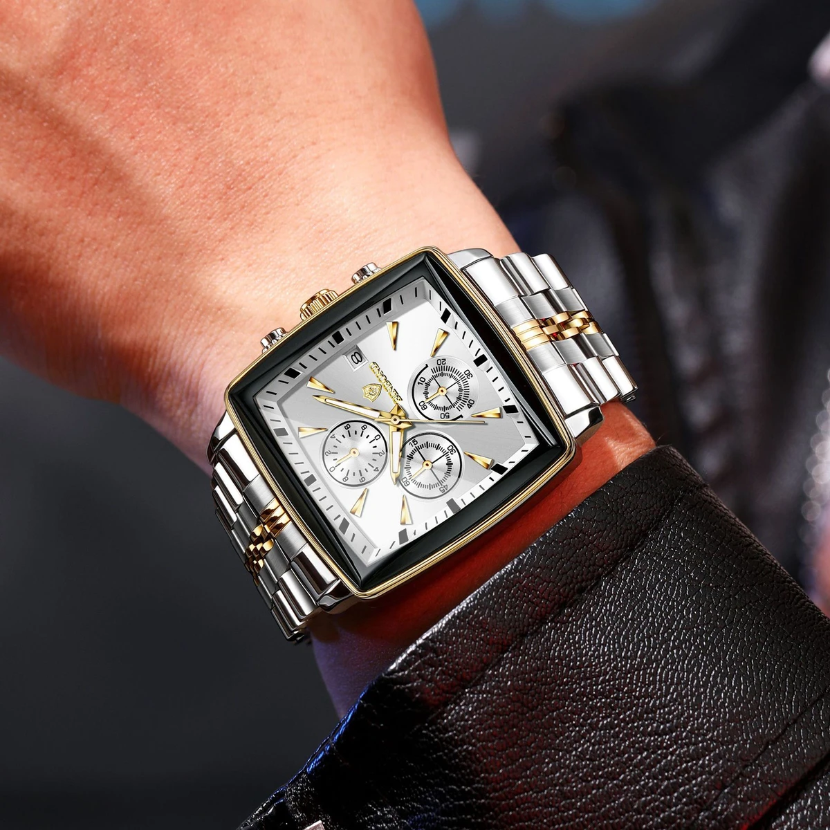 BINBOND W0094 Luxury Business Man Wristwatch Non active Chronograph Waterproof Luminous Calendar Watch For Men Square Quartz Men's Watches Reloj- Silver & Golden