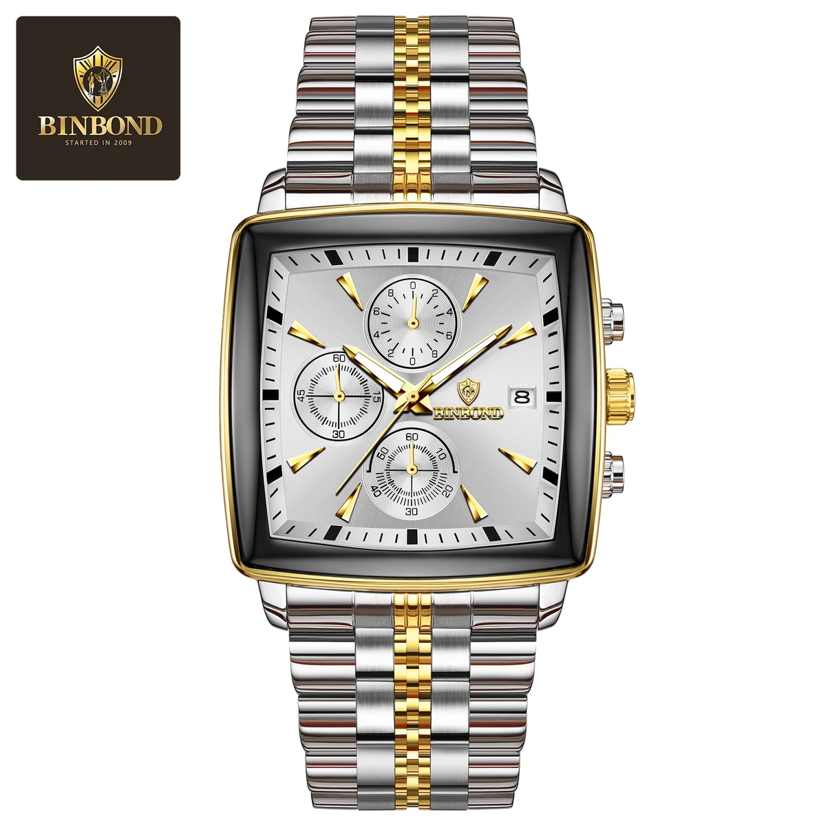 BINBOND W0094 Luxury Business Man Wristwatch Non active Chronograph Waterproof Luminous Calendar Watch For Men Square Quartz Men's Watches Reloj- Silver & Golden