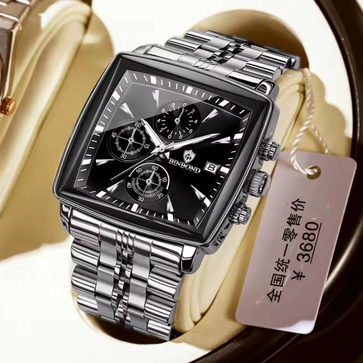 BINBOND W0094 Luxury Business Man Wristwatch Non active Chronograph Waterproof Luminous Calendar Watch For Men Square Quartz Men's Watches Reloj- Silver & Black