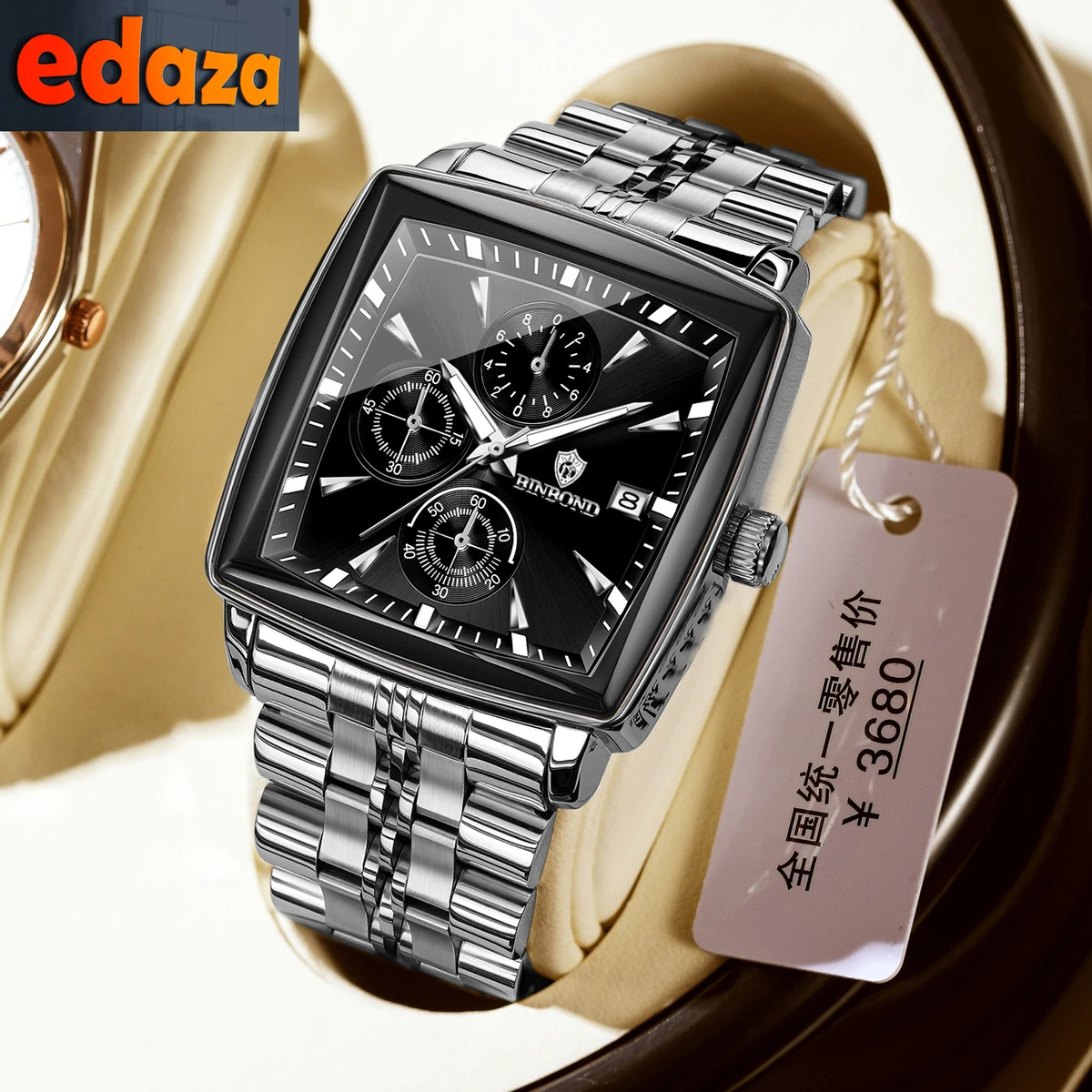 BINBOND W0094 Luxury Business Man Wristwatch Non active Chronograph Waterproof Luminous Calendar Watch For Men Square Quartz Men's Watches Reloj- Silver & Black
