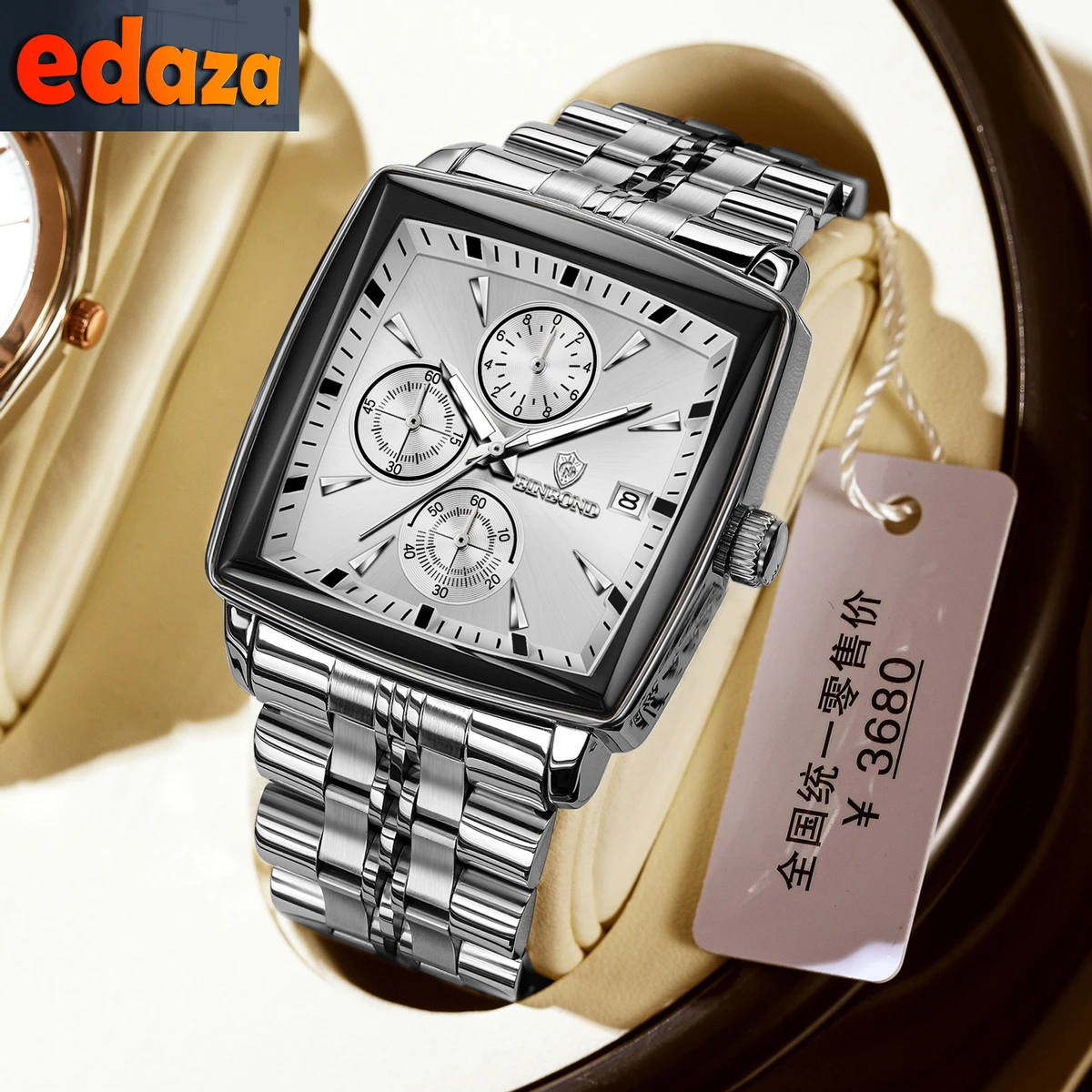 BINBOND W0094 Luxury Business Man Wristwatch Non active Chronograph Waterproof Luminous Calendar Watch For Men Square Quartz Men's Watches - Silver