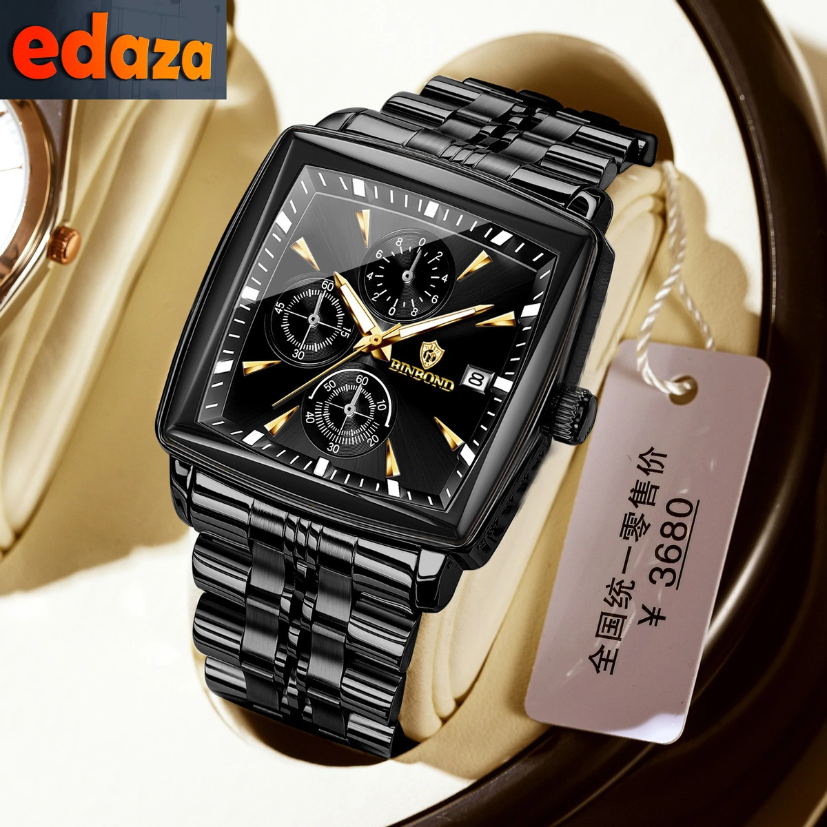 BINBOND W0094 Luxury Business Man Wristwatch Non active Chronograph Waterproof Luminous Calendar Watch For Men Square Quartz Men's Watches - Black