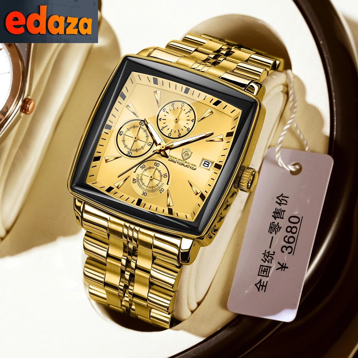 BINBOND W0094 Luxury Business Man Wristwatch Non active Chronograph Waterproof Luminous Calendar Watch For Men Square Quartz Men's Watches - Golden