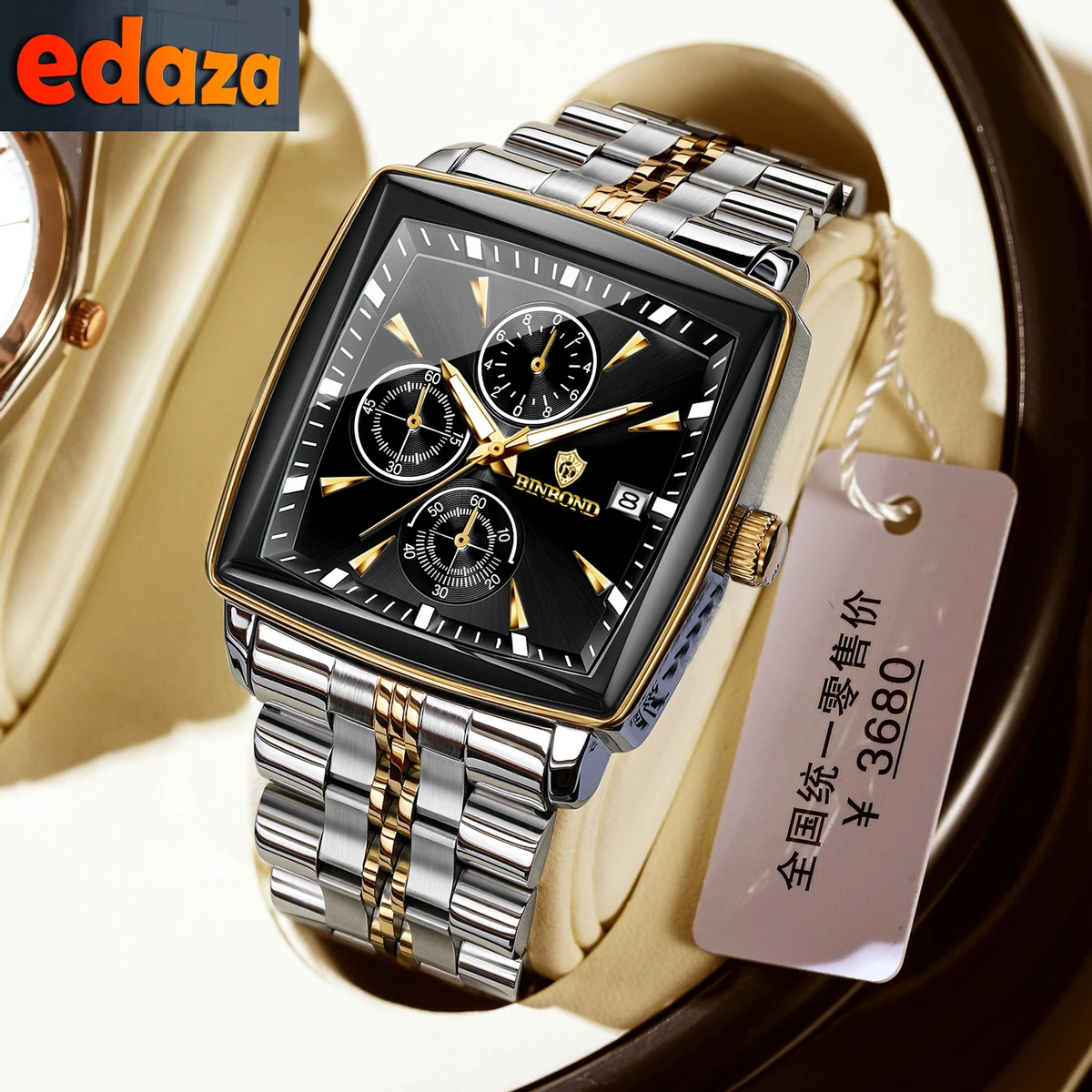 Binbond W0094 Luxury Business Man Wristwatch Non active Chronograph Waterproof Luminous Calendar Watch For Men Square Quartz Men's Watch - Black & Golden