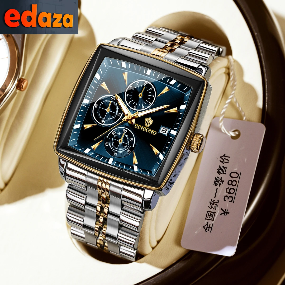 Binbond W0094 Luxury Business Man Wristwatch Non active Chronograph Waterproof Luminous Calendar Watch For Men Square Quartz Men's Watch- Blue & Golden